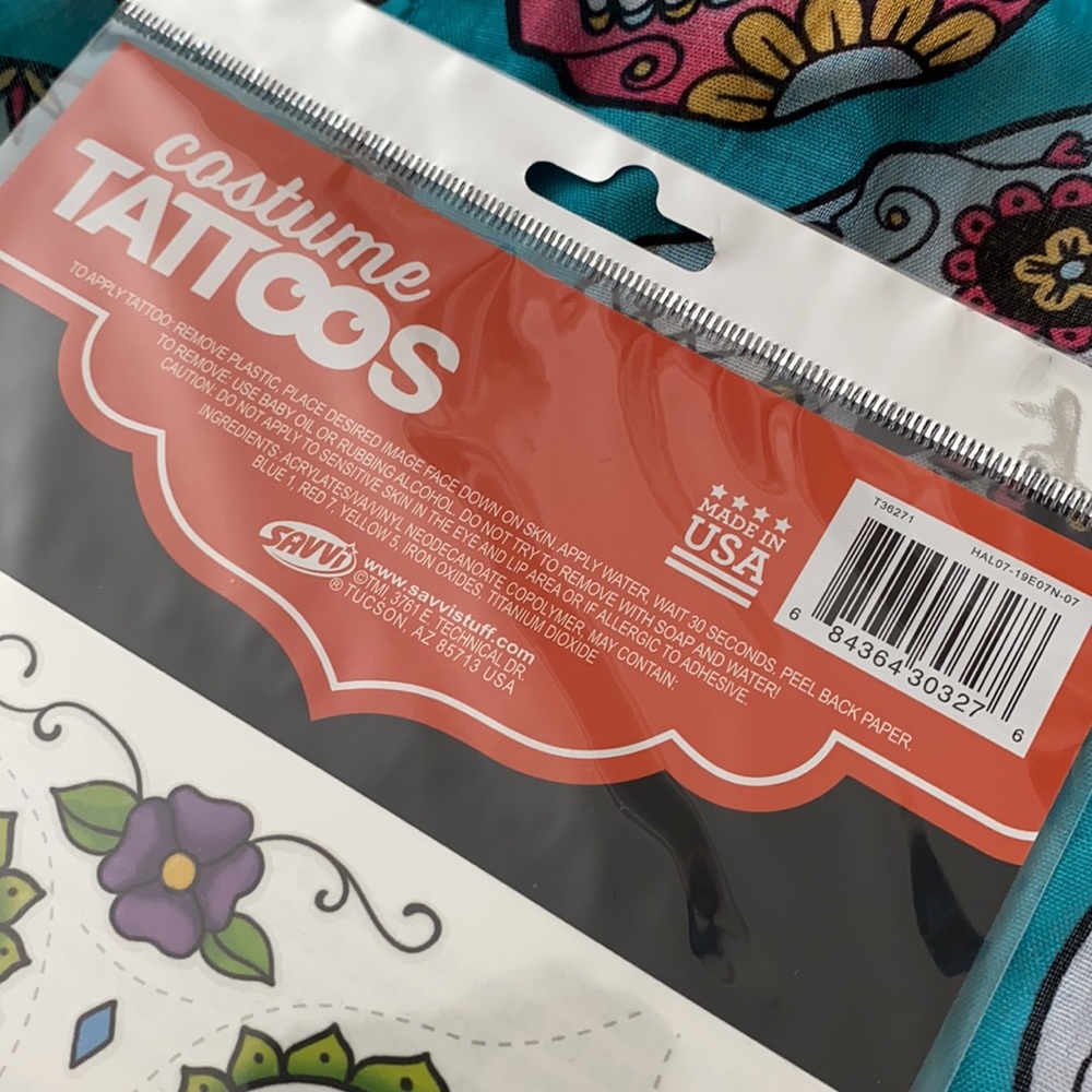 Día de los Muertos {Day of the Dead} Costume Face Tattoos 34 Count Made in USA - Picture 5 of 6